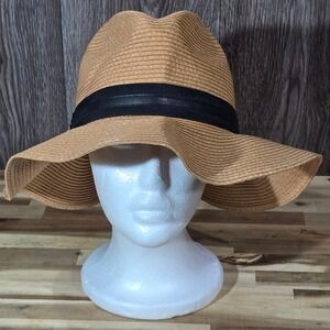 VINCE CAMUTO Wide Brim Fedora Tan Paper Straw Black Ribbon Medallion Sun Hat O/S